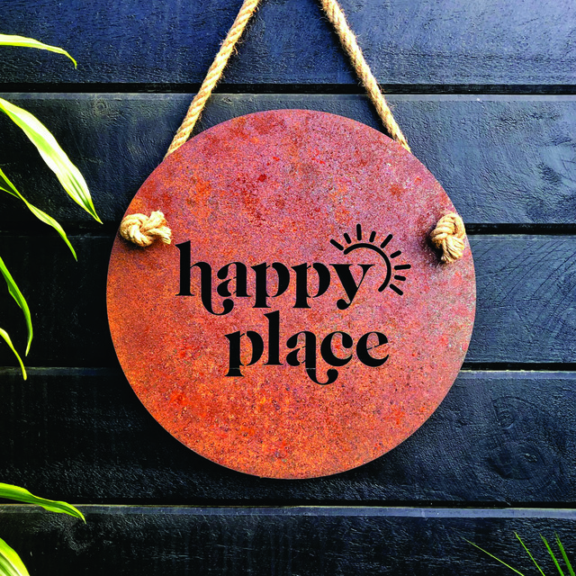 Happy Place outdoor sign with corten steel