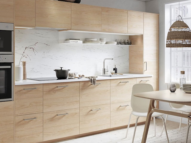 Kitchen layout. ash effect cabinets recessed lighting circular kitchen table wicker lampshade 