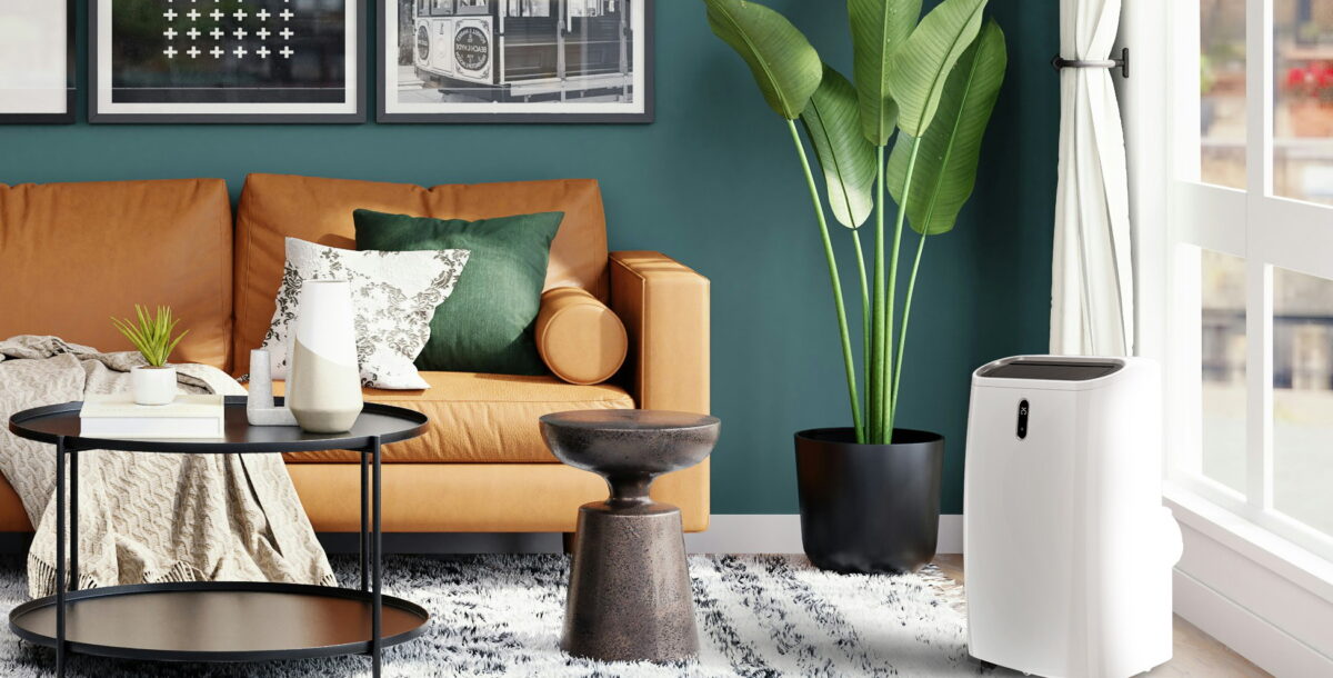 A lifestyle photo showing a living room with a strong teal feature wall, cooled by a MeacoCool portable air conditioner.