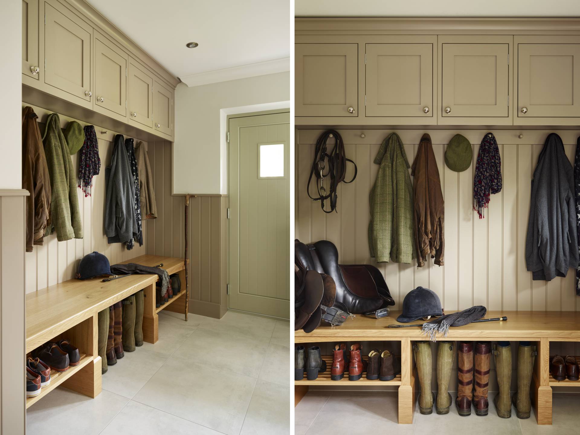 Tow images of boot room with hanging space for coats and a bench with boot storage