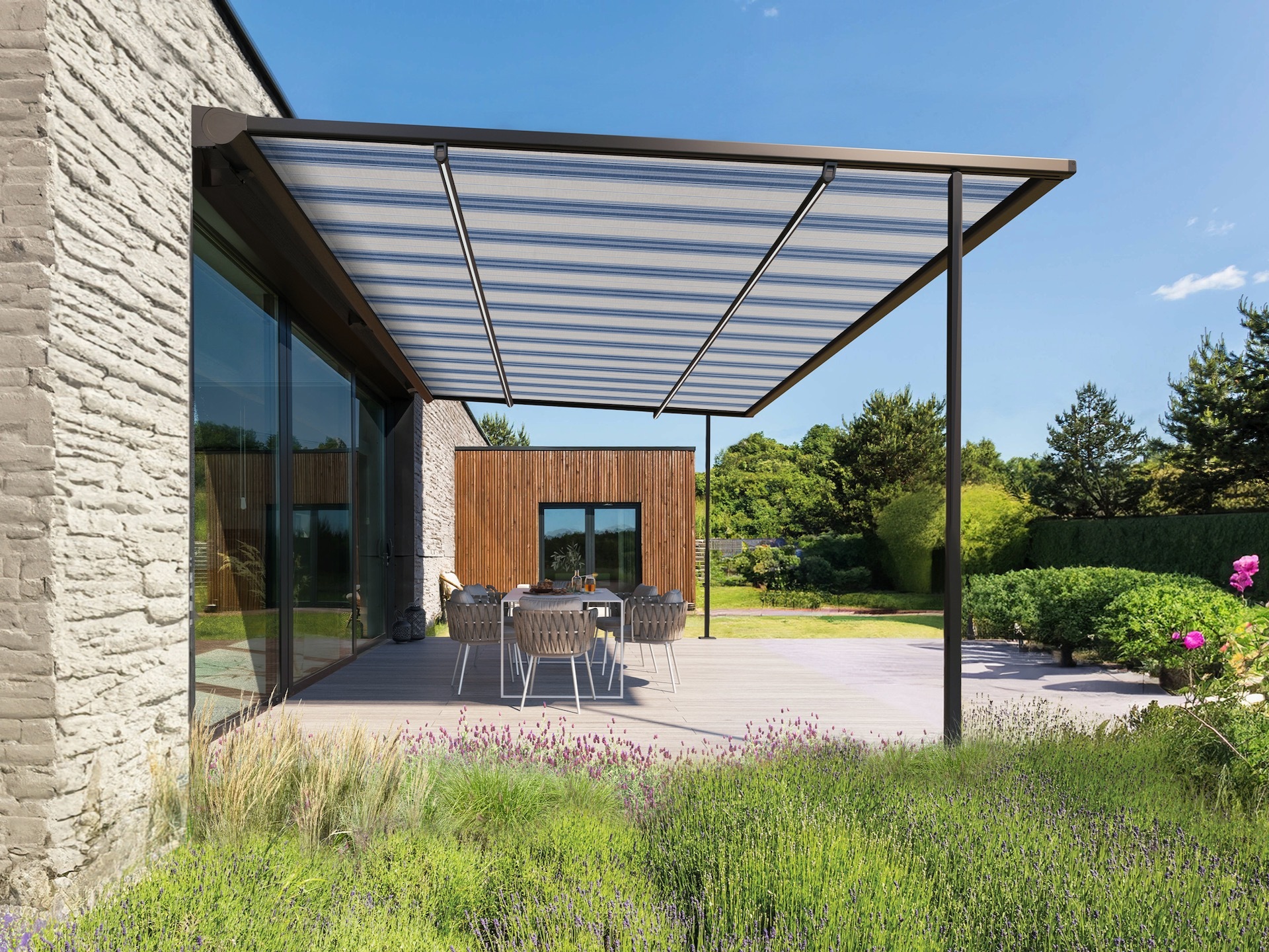 Side shot of pergola awning along bifold windows by Thomas Sanderson