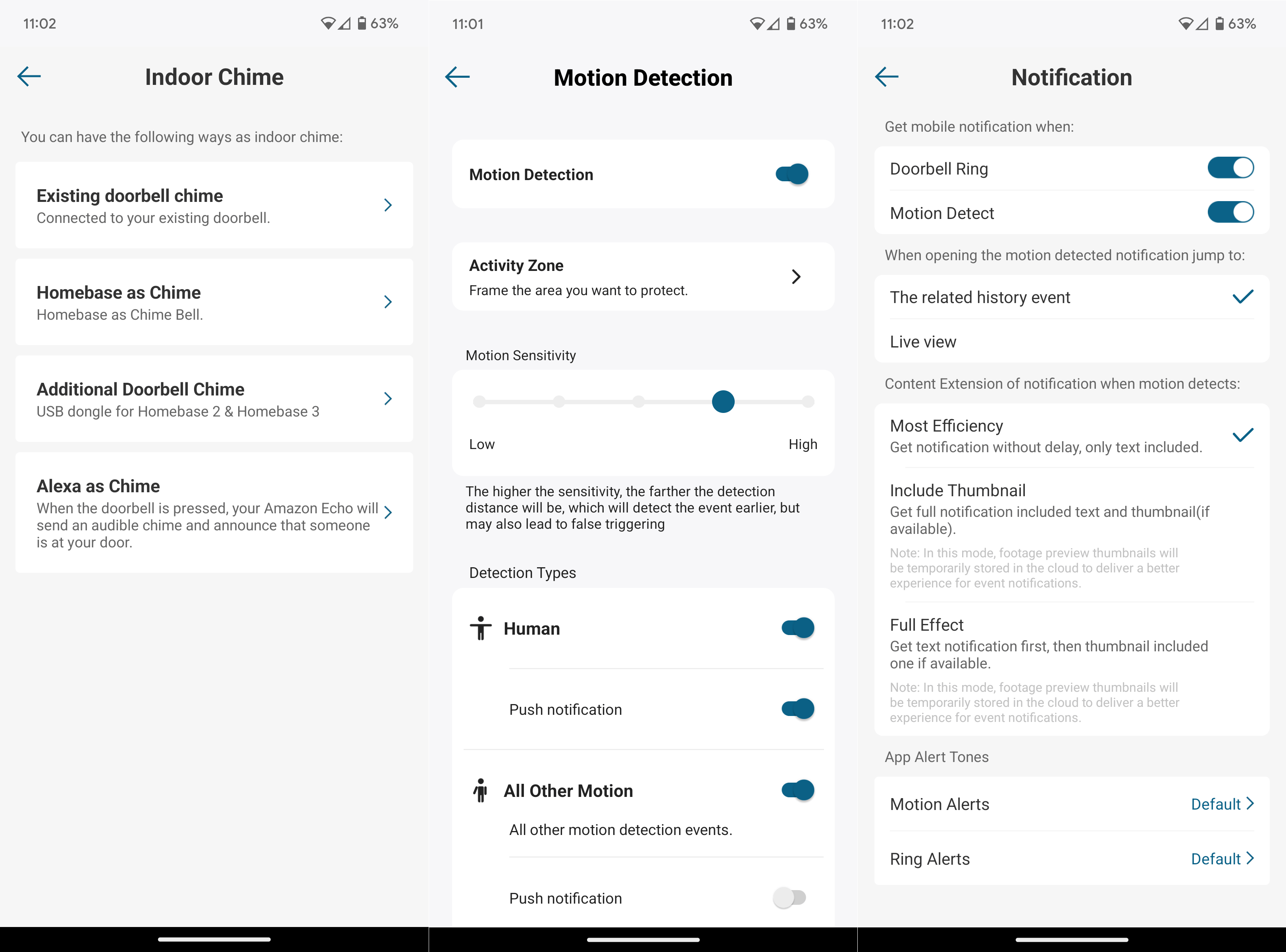 A collage of Android screenshots showing options typical of a smart doorbell app. These cover alerts and scheduling, motion detection and chime settings