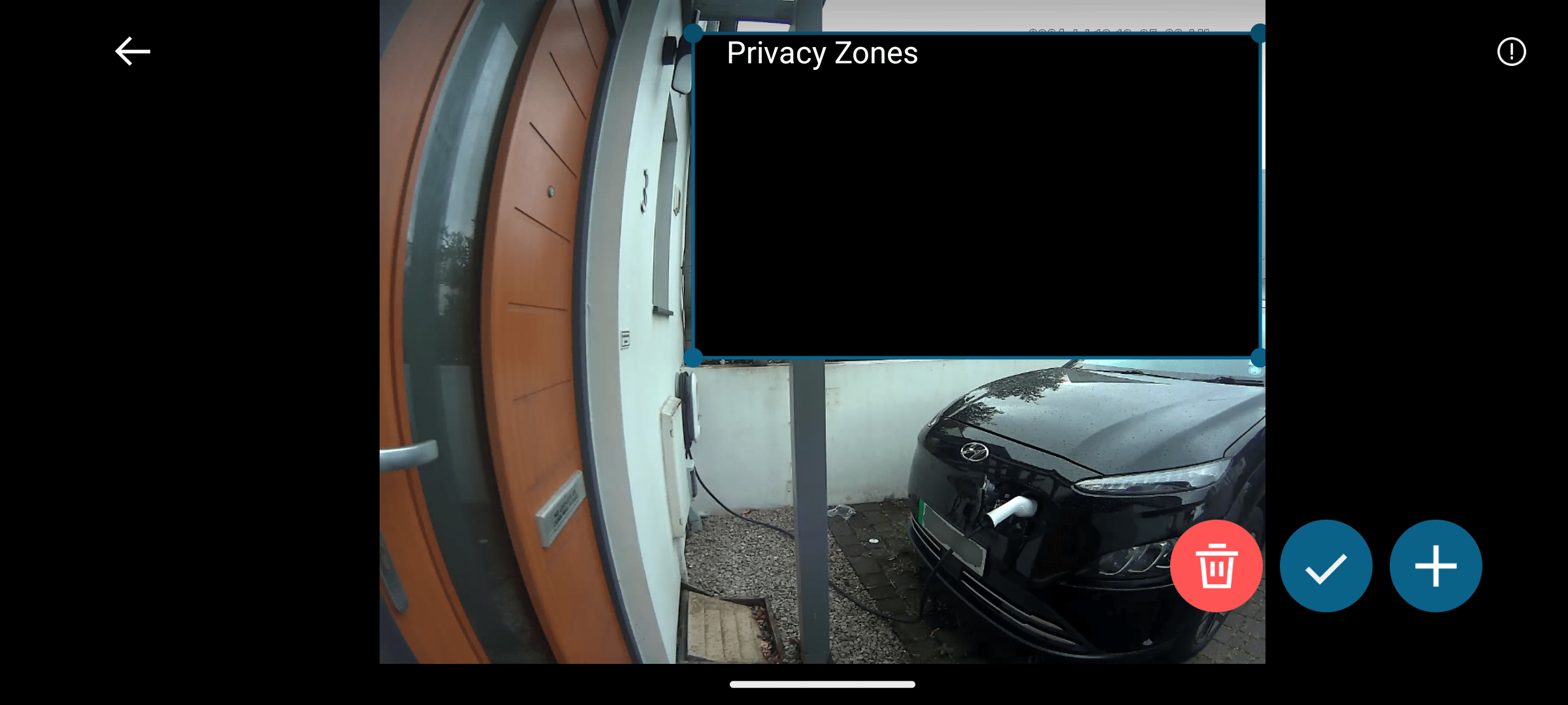 A view from a side-mounted smart doorbell. A large black rectangle, labelled Privacy Zone, blocks out the neighbour's property.