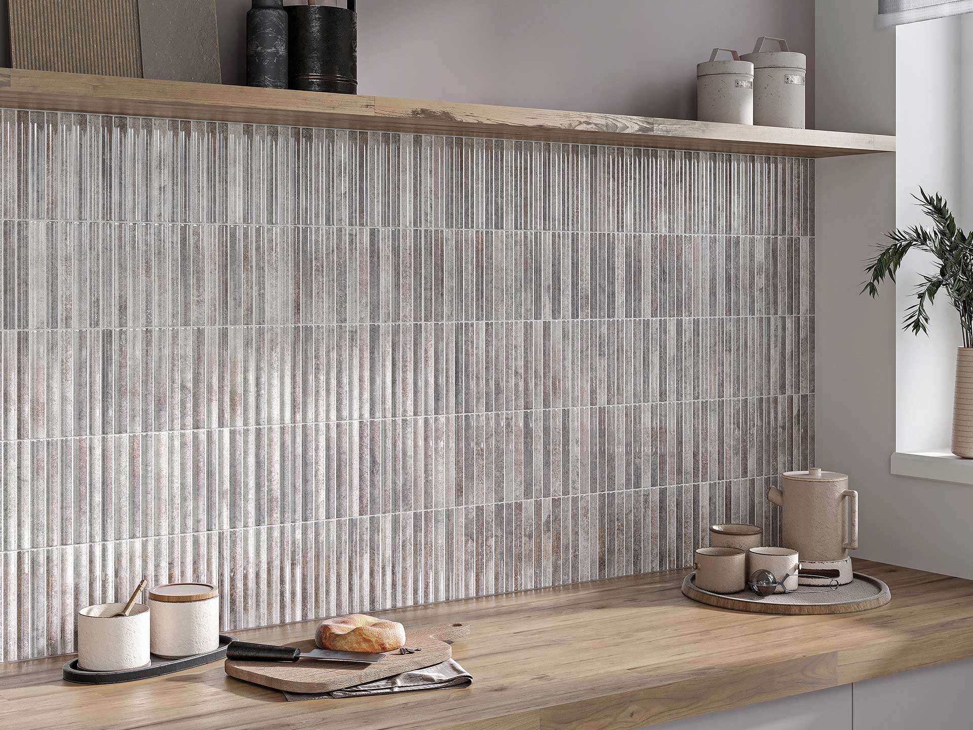 A ceramic surface idea to add texture is adding vertical stacking tiles