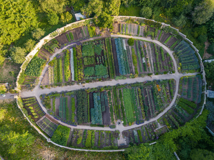 An aerial shot of the spectacular gardens at Gravetye Manor