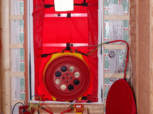 Blower door airtightness test in home to reduce heat loss