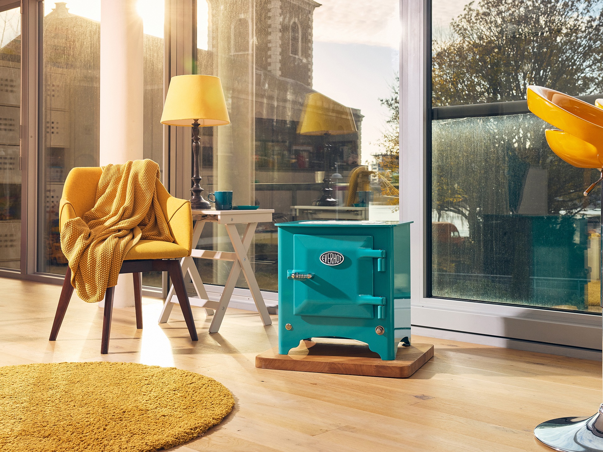 An electric stove in a living room