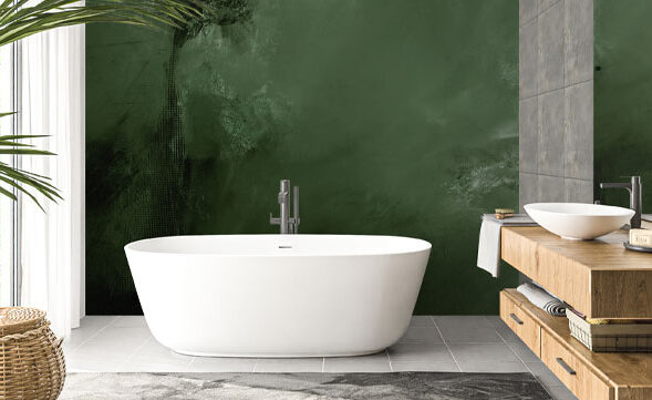 Contemporary bathroom with freestanding bath and decorative glass wall behind