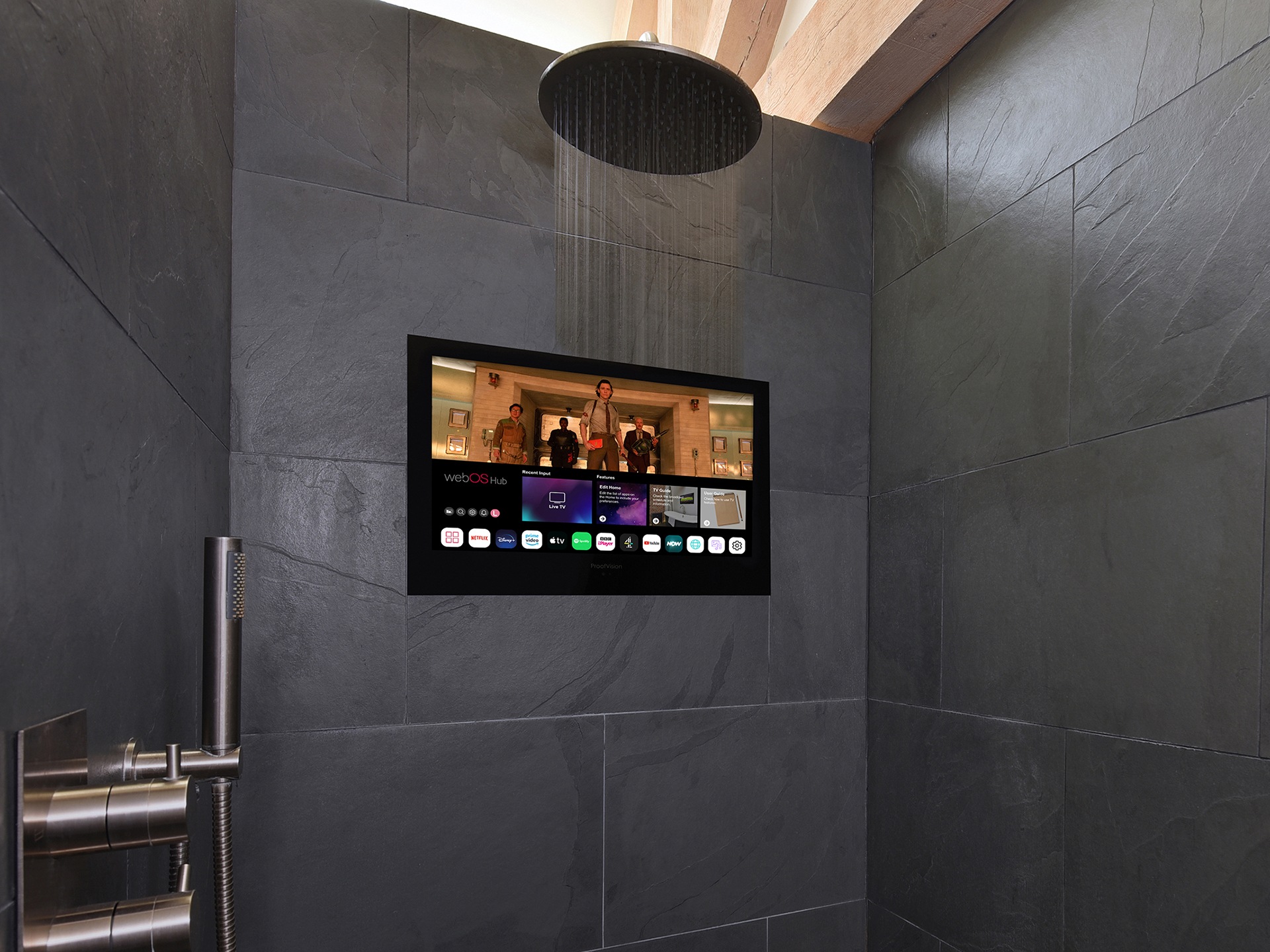 A TV screen in a shower