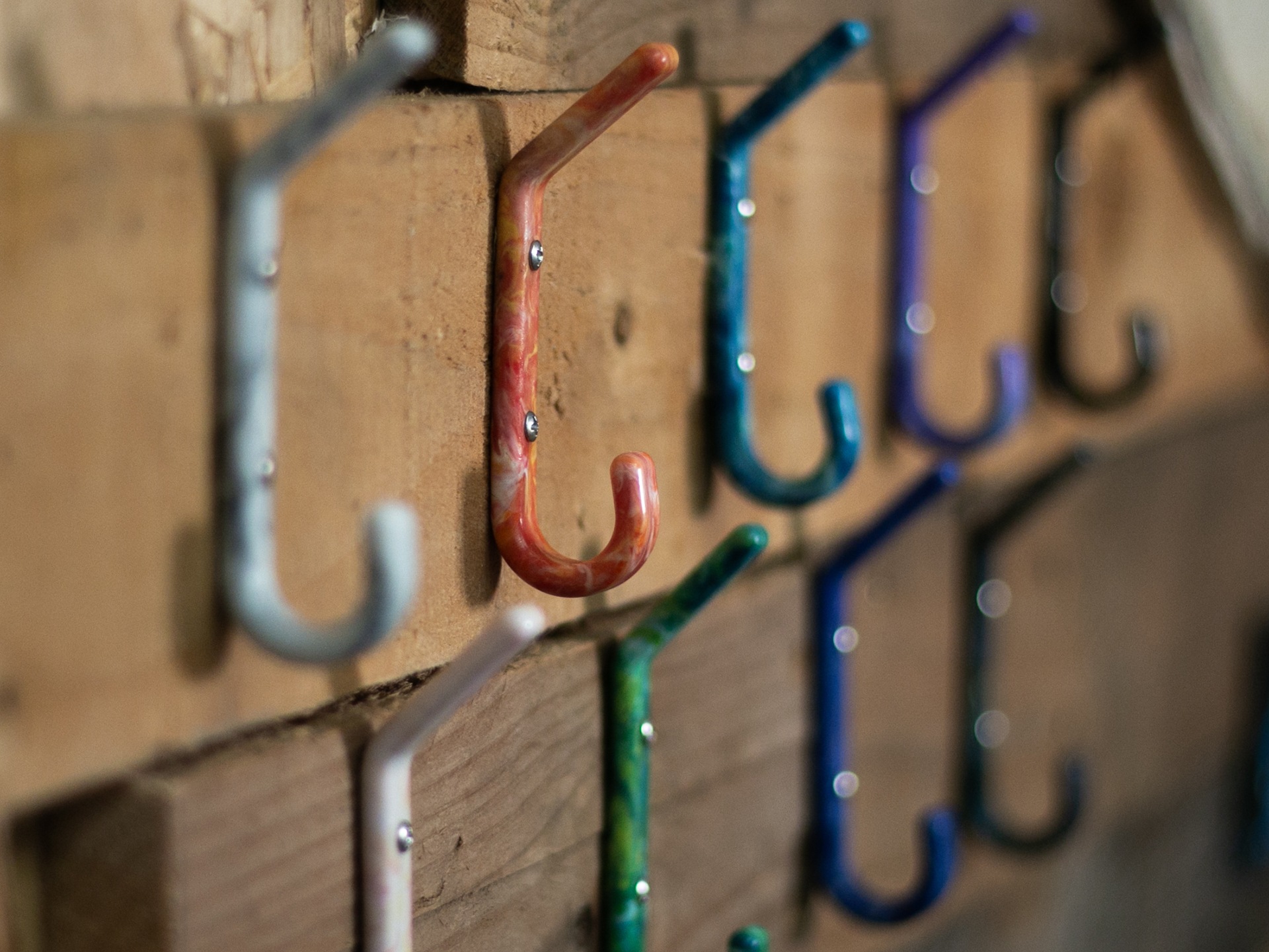 A row of hooks made from recycled plastic