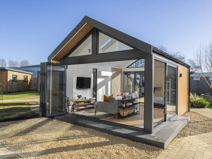 A garden room containing exercise equipment 