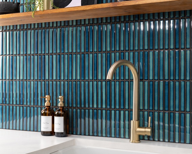 blue kit kat style splashback with mosaic tiles