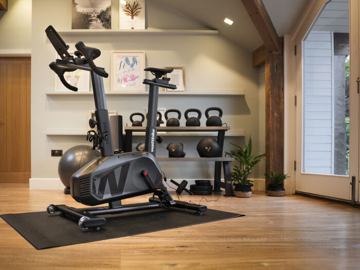 An exercise bike in a home gym